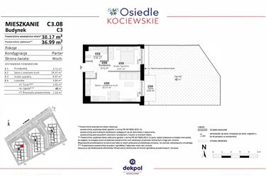 Rzut - Mieszkanie na sprzedaż 2 pokoje o powierzchni 36,99 m² - numer C3.08 w Osiedle Kociewskie etap III