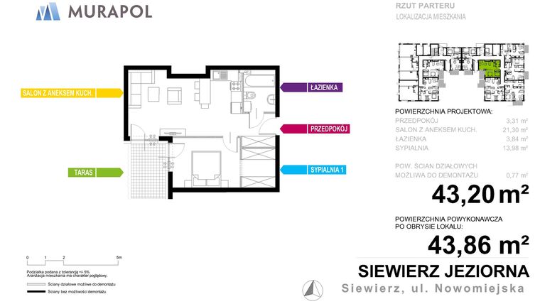 Rzut - Mieszkanie na sprzedaż 2 pokoje o powierzchni 43,86 m² - numer 12.B.0.2 w Murapol Siewierz Jeziorna