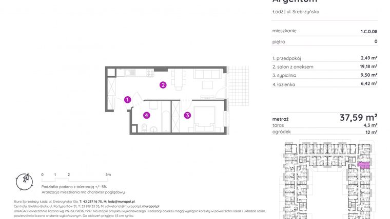 Rzut - Mieszkanie na sprzedaż 2 pokoje o powierzchni 37,86 m² - numer 1.C.0.08 w Murapol Argentum