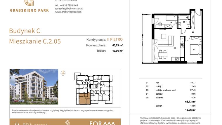 Rzut - Mieszkanie na sprzedaż 3 pokoje o powierzchni 63,73 m² - numer C.2.05 w Grabskiego Park