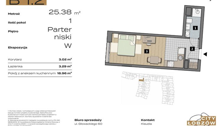 Rzut - Mieszkanie na sprzedaż 1 pokój o powierzchni 25,38 m² - numer B 1.2 w City Łobzów