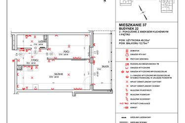 Rzut - Mieszkanie na sprzedaż 2 pokoje o powierzchni 49,33 m² - numer 22_37 w Osiedle 4 Pory Roku - Etap VIII