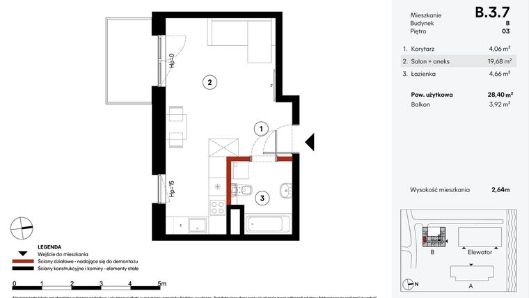 Rzut - Mieszkanie na sprzedaż 1 pokój o powierzchni 28,4 m² - numer B.3.7 w Elewator - Mieszkania i Lofty