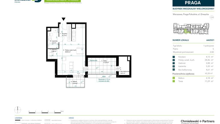 Rzut - Mieszkanie na sprzedaż 1 pokój o powierzchni 45,28 m² - numer AA0501 w Neo Praga