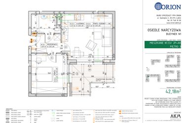 Rzut - Mieszkanie na sprzedaż 2 pokoje o powierzchni 42,18 m² - numer N1.33 w Osiedle Narcyzowe etap 2