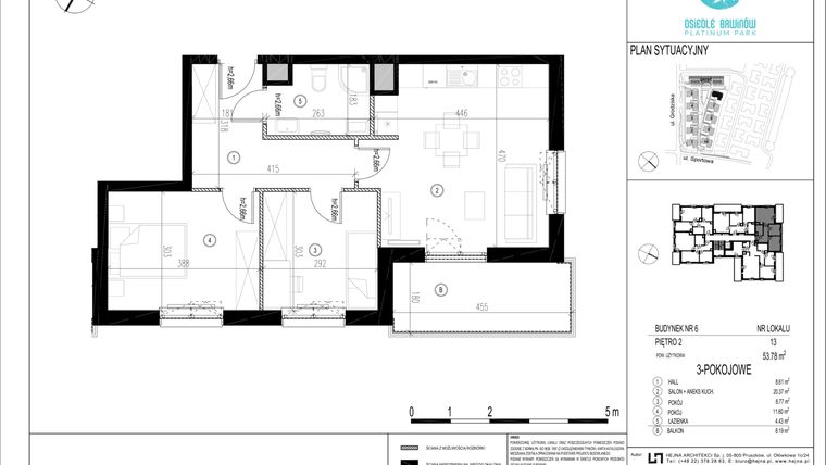 Rzut - Mieszkanie na sprzedaż 3 pokoje o powierzchni 53,78 m² - numer B6-M13 w Osiedle Brwinów – 5 etap