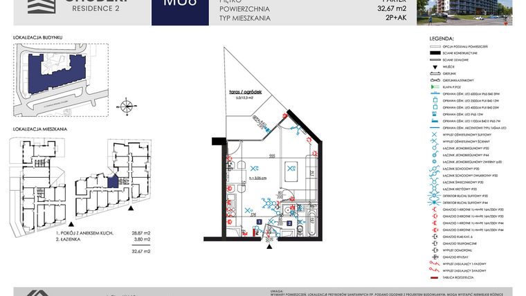 Rzut - Mieszkanie na sprzedaż 1 pokój o powierzchni 32,67 m² - numer MU8 w Chodźki Residence 2 - apartamenty inwestycyjne