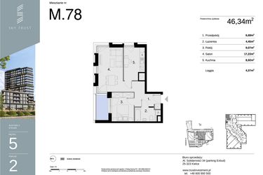 Rzut - Mieszkanie na sprzedaż 2 pokoje o powierzchni 46,34 m² - numer M78 w Sky Trust etap II