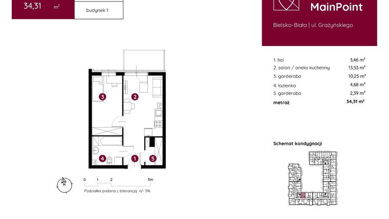 Rzut - Mieszkanie na sprzedaż 1 pokój o powierzchni 34,31 m² - numer 1.C.1.01 w Murapol MainPoint
