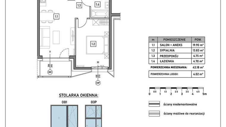 Rzut - Mieszkanie na sprzedaż 2 pokoje o powierzchni 43,18 m² - numer B.3.1 w GreenLine