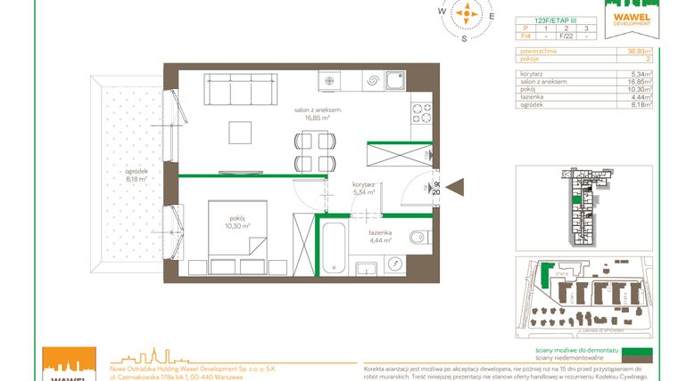 Rzut - Mieszkanie na sprzedaż 2 pokoje o powierzchni 36,93 m² - numer F/4 w Ostródzka 123 - III etap