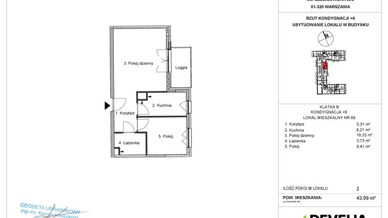 Rzut - Mieszkanie na sprzedaż 2 pokoje o powierzchni 43,99 m² - numer B4/5/B69 w Bemowo Vita