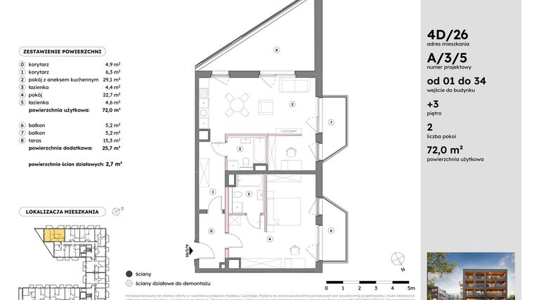 Rzut - Mieszkanie na sprzedaż 2 pokoje o powierzchni 72,06 m² - numer A/3/5 w Osiedle Mateckiego 4ALL