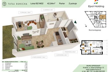 Rzut - Mieszkanie na sprzedaż 2 pokoje o powierzchni 42,84 m² - numer B2.M2 w Tutaj Bunscha