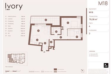 Rzut - Mieszkanie na sprzedaż 3 pokoje o powierzchni 70,38 m² - numer M18 w Ivory