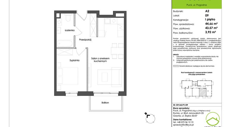Rzut - Mieszkanie na sprzedaż 2 pokoje o powierzchni 43,57 m² - numer OP/A2/P1/09 w Osiedle Pogodne etap I