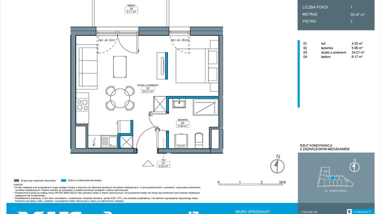 Rzut - Mieszkanie na sprzedaż 1 pokój o powierzchni 33,47 m² - numer A.2.1 w Rakoczego 17