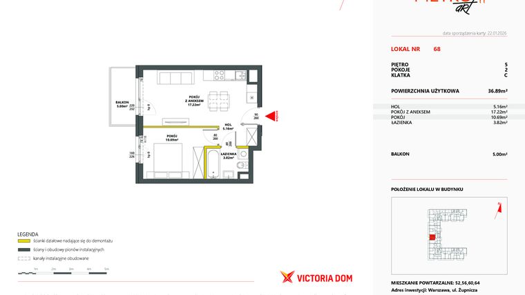 Rzut - Mieszkanie na sprzedaż 2 pokoje o powierzchni 36,94 m² - numer 68 w Metro Art 11