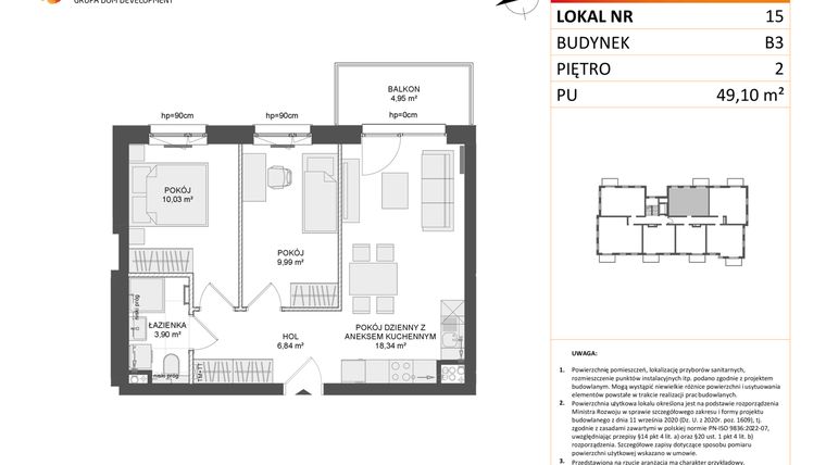Rzut - Mieszkanie na sprzedaż 3 pokoje o powierzchni 49,1 m² - numer B3.15 w Osiedle Przy Błoniach 3 etap III