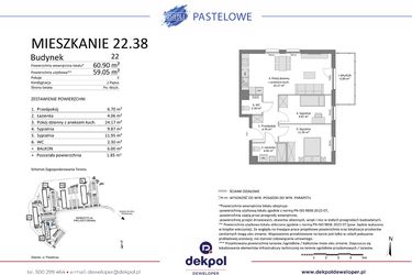 Rzut - Mieszkanie na sprzedaż 3 pokoje o powierzchni 59,05 m² - numer 22.38 w Osiedle Pastelowe etap IV