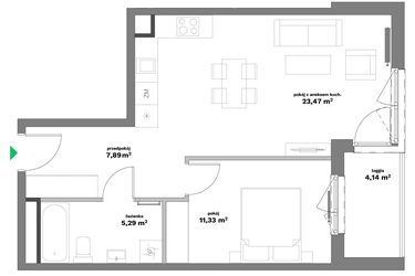 Rzut - Mieszkanie na sprzedaż 2 pokoje o powierzchni 47,98 m² - numer B2-7 w Forma Otwarta etap II
