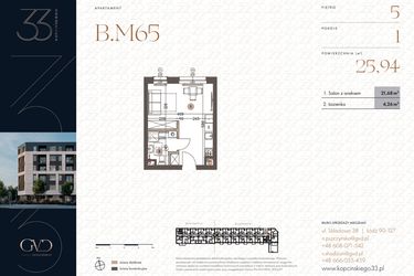 Rzut - Mieszkanie na sprzedaż 1 pokój o powierzchni 25,94 m² - numer B.M65 w Kopcińskiego 33