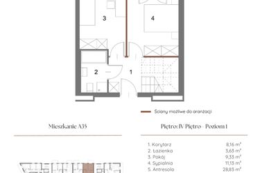 Rzut - Mieszkanie na sprzedaż 2 pokoje o powierzchni 61,93 m² - numer A35 w Dąbrowskiego 9
