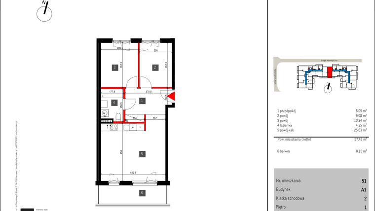 Rzut - Mieszkanie na sprzedaż 3 pokoje o powierzchni 57,45 m² - numer 51 w Mochtyńska 56