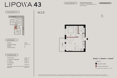 Rzut - Mieszkanie na sprzedaż 2 pokoje o powierzchni 37,51 m² - numer M.2.9 w Lipowa 43