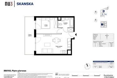 Rzut - Mieszkanie na sprzedaż 2 pokoje o powierzchni 40,71 m² - numer BB0102 w NU3 Warszawa Wola