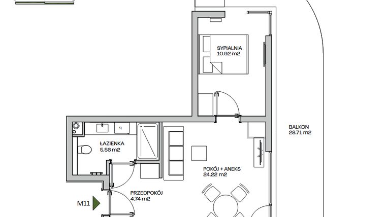 Rzut - Mieszkanie na sprzedaż 2 pokoje o powierzchni 45,44 m² - numer M11 w Zielona Marina - Apartamenty inwestycyjne