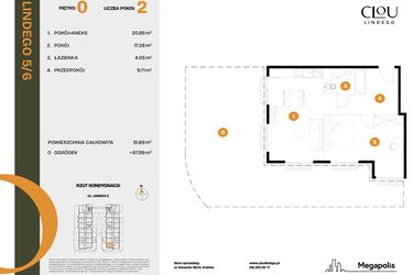 Rzut - Mieszkanie na sprzedaż 2 pokoje o powierzchni 51,89 m² - numer 6 w CLOU LINDEGO