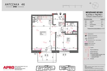 Rzut - Mieszkanie na sprzedaż 2 pokoje o powierzchni 38,8 m² - numer M28 w Antczaka 46