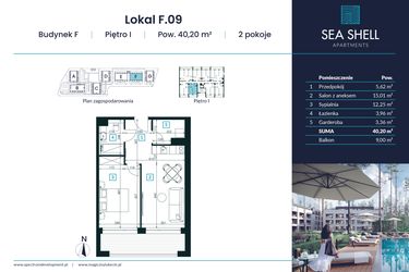 Rzut - Mieszkanie na sprzedaż 2 pokoje o powierzchni 40,2 m² - numer F.09 w Magiczny Łukęcin