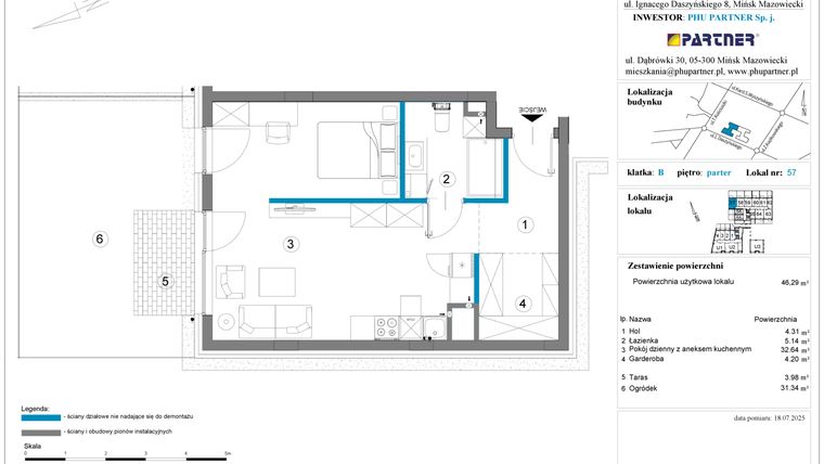 Rzut - Mieszkanie na sprzedaż 1 pokój o powierzchni 46,29 m² - numer B.0.57 w Daszyńskiego Square etap 1