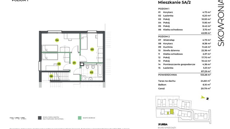 Rzut - Mieszkanie na sprzedaż 6 pokoi o powierzchni 133,28 m² - numer 5AL/2 w Skowronia