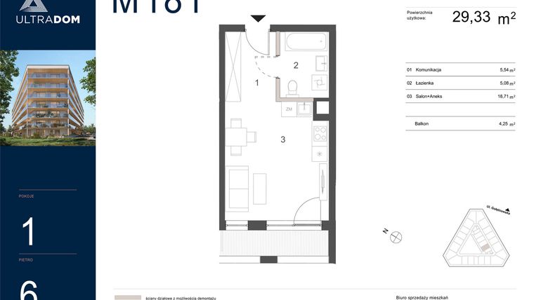 Rzut - Mieszkanie na sprzedaż 1 pokój o powierzchni 29,33 m² - numer M181 w Ultradom
