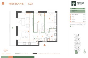 Rzut - Mieszkanie na sprzedaż 3 pokoje o powierzchni 63,07 m² - numer M.04.03 w Casa Feliz Portowa