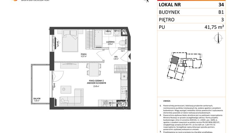 Rzut - Mieszkanie na sprzedaż 2 pokoje o powierzchni 41,75 m² - numer 34 w Leśna Góra