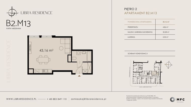 Rzut - Mieszkanie na sprzedaż 1 pokój o powierzchni 43,16 m² - numer B2.M13 w Libra Residence