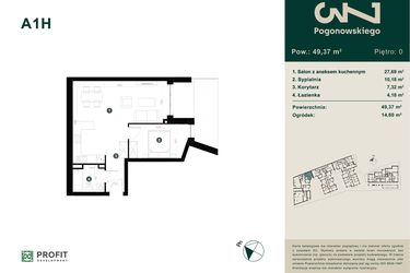 Rzut - Mieszkanie na sprzedaż 2 pokoje o powierzchni 49,37 m² - numer A-1H w Pogonowskiego 73