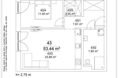 Rzut - Mieszkanie na sprzedaż 2 pokoje o powierzchni 53,44 m² - numer 43 w Osiedle Teatralne 19 - apartamenty inwestycyjne