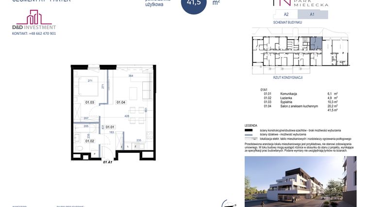 Rzut - Mieszkanie na sprzedaż 2 pokoje o powierzchni 41,5 m² - numer A1-1 w Park Mielecka