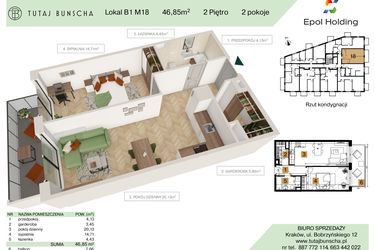 Rzut - Mieszkanie na sprzedaż 2 pokoje o powierzchni 46,85 m² - numer B1.M18 w Tutaj Bunscha