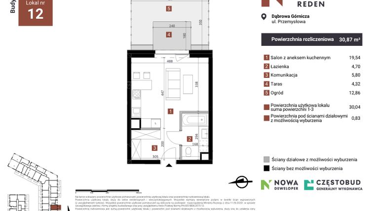 Rzut - Mieszkanie na sprzedaż 1 pokój o powierzchni 30,87 m² - numer A12 w Nowy Reden