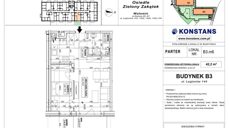 Rzut - Mieszkanie na sprzedaż 2 pokoje o powierzchni 42,2 m² - numer B3.6 w Osiedle Zielony Zakątek- etap II