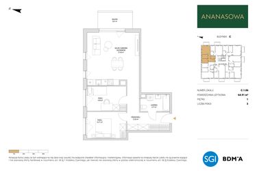 Rzut - Mieszkanie na sprzedaż 3 pokoje o powierzchni 64,91 m² - numer C.1.06 w Ananasowa