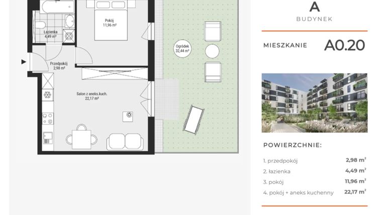 Rzut - Mieszkanie na sprzedaż 2 pokoje o powierzchni 41,6 m² - numer A0.20 w Enklawa Bukowa