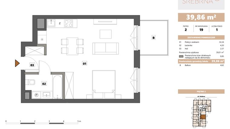 Rzut - Mieszkanie na sprzedaż 1 pokój o powierzchni 39,86 m² - numer 19 w Srebrna 5