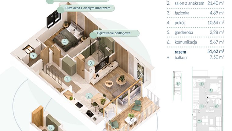 Rzut - Mieszkanie na sprzedaż 2 pokoje o powierzchni 51,62 m² - numer B.3.2 w Enklawa